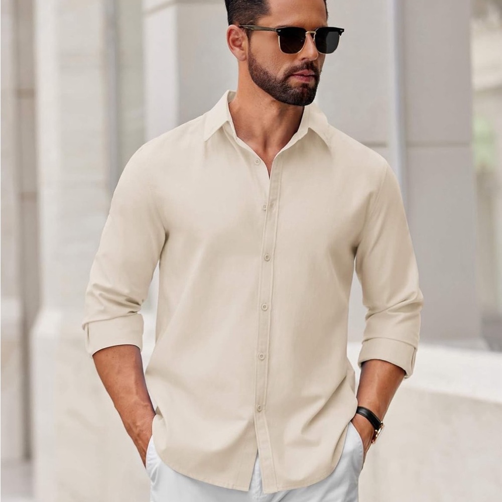 Men's Beige Long Sleeve Button Down Shirt - Picture 5 of 6